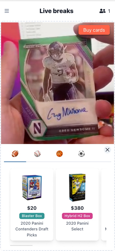 Live sports card stream with products to buy below it
